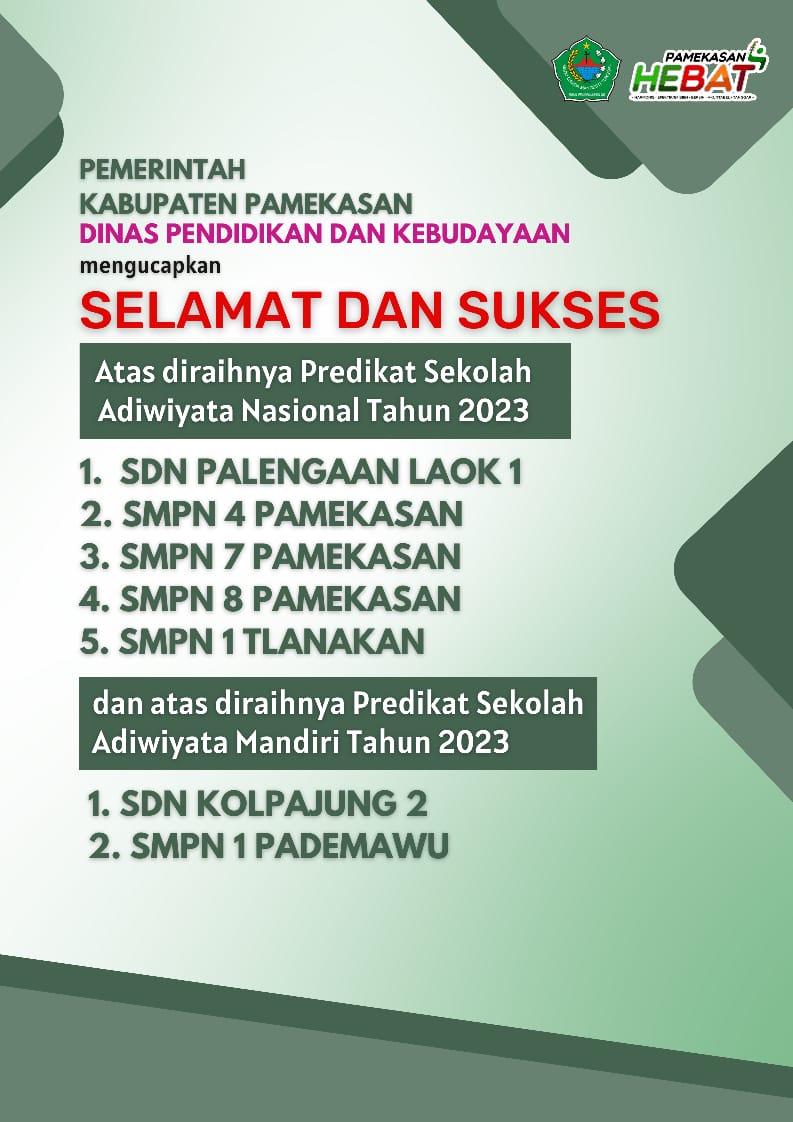 Selamat dan Sukses kepada Sekolah di Kabupaten Pamekasan atas Diraihnya Predikat Sekolah Adiwiyata Nasional dan Mandiri Tahun 2023 