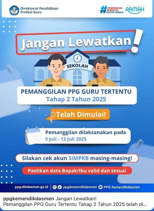 Pemanggilan PPG Guru Tertentu Tahap 2 Tahun 2025